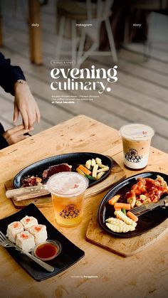 a table with two plates of food and a cup of coffee on it that says evening culinary