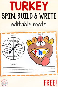 turkey spin, build and write printable mats for kids to practice their math skills