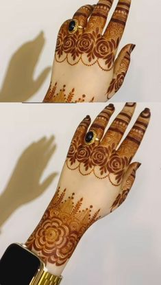 two pictures of hands with henna designs on them