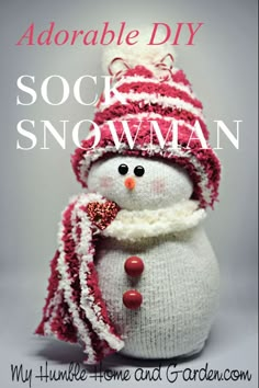 a knitted snowman wearing a red and white hat with the words adorable diy sock