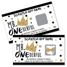 two white and black ticket cards with gold glitter crowns on them, one is for the game