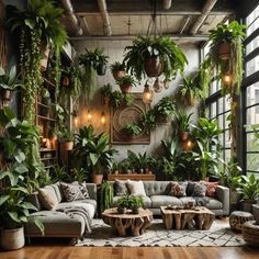 a living room filled with lots of green plants