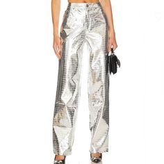 Made In China Machine Wash Zip Fly With Button Closure 5-Pocket Styling Embossed Faux Leather Fabric With Metallic Finish Silver Trousers, Runway Trends, Faux Leather Fabric, Fashion Event, Faux Leather Pants, Leather Fabric, New York Fashion Week, New York Fashion, The Knee