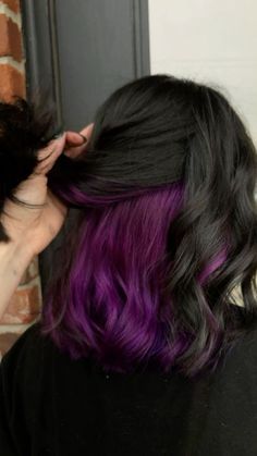 Purple Underneath Hair, Peekaboo Hair Color Ideas, Purple Peekaboo Hair, Half Colored Hair, Peekaboo Hair Color, Underdye Hair, Hair Dyed Underneath, Silver Pixie, Hidden Hair Color