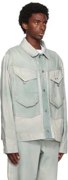 Garment-dyed non-stretch deadstock cotton denim jacket. Fading throughout. · Paneled construction · Spread collar · Button closure · Flap pockets · Logo plaque at front hem · Single-button barrel cuffs · Unlined · Logo-engraved silver-tone hardware Supplier color: Green patina Aime Leon Dore Denim Jacket, Vintage Puffer Jacket, Denim Washes, Denim Inspiration, Green Patina, Aime Leon Dore, Casual Jackets, Denim Coat Jacket, Mens Vintage