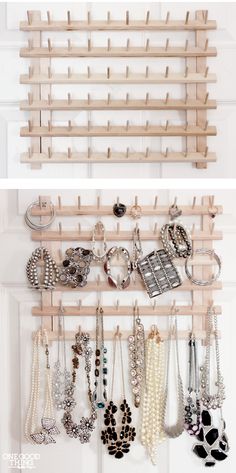 a wooden rack with jewelry hanging from it's sides and on the other side