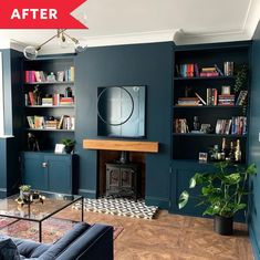 a living room filled with furniture and a fire place next to a book shelf covered in books