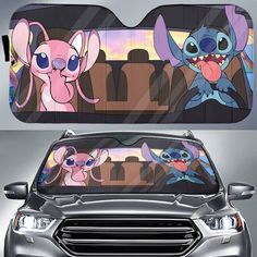 the front and back view of a car with cartoon characters on it