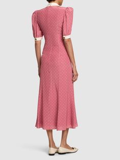 Embellished front button closure. Front bow detail. All over print placement may vary. Lined. Model is wearing a size38 Clover Print, Mesh Maxi Dress, Alessandra Rich, Rich Women, Printed Wide Leg Pants, Silk Midi Dress, Pink Midi Dress, Maxi Knit Dress, Daily Dress