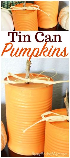 an orange tin can pumpkin sitting on top of a table