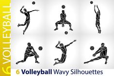 six volleyball silhouettes in different positions to play the ball, with text below that reads volleyball way silhouettes