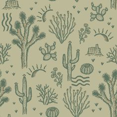 a cactus and other plants are depicted in this seamless wallpaper pattern, which is light green