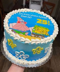 someone holding up a spongebob cake with the words you know what's funnyr than 24?