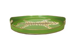 a green tray with a cheetah painted on the side and gold trimming