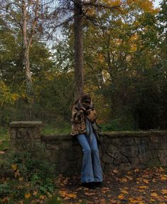 a woman sitting on a stone wall next to a tree in the fall with leaves all around her