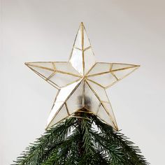 a star shaped ornament hanging from the top of a christmas tree