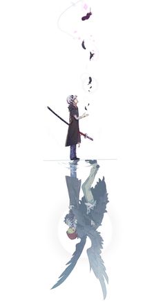 a person standing on top of a body of water with a long stick in their hand