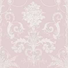 a pink and white wallpaper with an ornate design