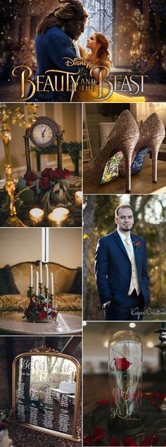 the beauty and the beast character collage is shown in several different scenes, including high heeled shoes