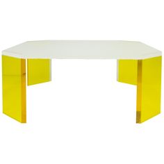 a white table with yellow legs and a glass top on the bottom, against a white background