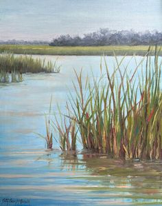 an oil painting of reeds in the water