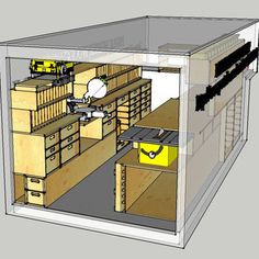 a drawing of a storage room with drawers and boxes in the center, on top of a gray background