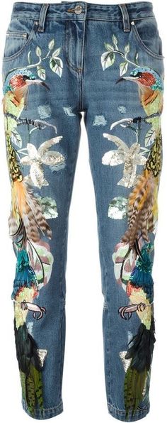 Roberto Cavalli embroidered birds feathers jeans Dress Bird, Cavalli Jeans, Birds Feathers, Jeans Embroidery, Embroidered Birds, Moda Denim, Embroidered Bird