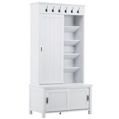 a white cabinet with two doors and shelves