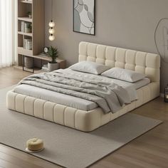 a large bed sitting on top of a hard wood floor next to a book shelf