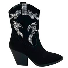 Step Out In These On Trend, Stylish Cowboy Boots New In Box Faux Suede Material Rhinestone Details Pointed Toe Slip On Style Stitched Details Lightly Padded Insole Chunky Heel Shaft Height: 7 In. Heel Height: 3 In. Fittting: True To Size. Regular Fit. Trendy Silver Boots With Bling, Black Rhinestone Boots For Fall, Sparkling Black Boots For Fall, Black Sparkling Boots For Fall, Silver Bling Boots For Winter, Winter Silver Boots With Bling, Silver High Heel Boots With Rhinestone Fringe, Silver Ankle Boots With Rhinestones, Black Rhinestone Ankle Boots