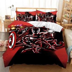 a bed room with a neatly made bed covered in a red and black comforter