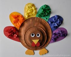 a paper plate turkey made with colored crayons