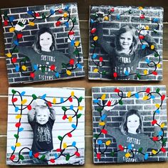 three pictures with christmas lights on them in front of a brick wall and two children's faces