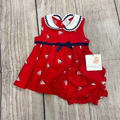 Nwt 2 Pc Red Navy White Dress With Bottoms Has Sailboats On It Short Sleeve Size 3 Months Cute For The Holidays Red Summer Holiday Sets, Red Spring Holiday Sets, Cotton Nautical Sleeveless Dress, Cotton Sleeveless Nautical Dress, Navy And White Dress, Month Colors, Baby Outfit, Sailboats, Navy White