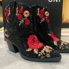 Bedazzled Cowgirl Style Ankle Boots. With Vibrant Flowers And Black Shiny Rhinestones. Zipper On The Side And Never Worn Spring Embellished Boots With Round Toe, Black Embellished Spring Boots, Spring Black Embellished Boots, Bedazzled Cowgirl, Vibrant Flowers, Vibrant Flower, Cowgirl Style, Black Orange, Inc International Concepts