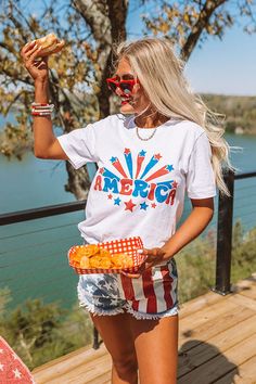 Starry America Graphic Tee Shop Boutique, 4th Of July Outfits, Loose Sleeves, Blue Graphic, Casual Summer Shorts, Denim Material, Fashion Line, Women Clothing Boutique, Mens Graphic Tee