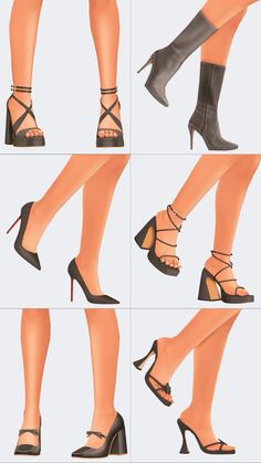 four different views of woman's legs with high heeled shoes and heels on them