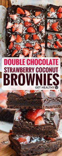 double chocolate strawberry coconut brownies stacked on top of each other with text overlay