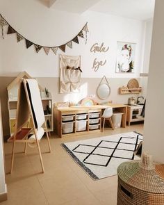 a child's playroom with toys and decorations on the walls, including a large rug