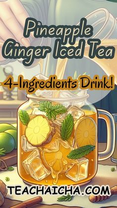 a glass jar filled with lemonade and ginger iced tea