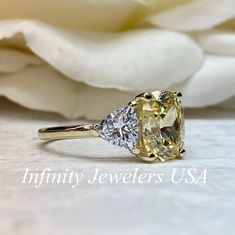 Cushion Cut Engagement Ring for Ladies Canary Yellow | Etsy Oval Yellow Diamond Ring For Anniversary, Yellow Emerald-cut Diamond Wedding Ring, Emerald Cut Yellow Rings For Wedding, Yellow Emerald-cut Wedding Rings, Anniversary Radiant Cut Diamond Ring With Accent Stones, Radiant Cut Yellow Rings For Wedding, Cushion Cut Three Stone Wedding Ring, Yellow Diamond Wedding Ring With Accent Stones, Gold Three Stone Radiant Cut Ring