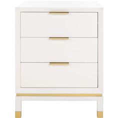 a white and gold chest of drawers with two handles on each drawer, against a white background