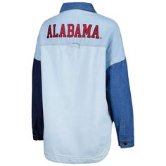 This full-snap Alabama Crimson Tide jacket from Hype and Vice is the perfect layer for chilly games. Denim fabric adds dimension to the understated Alabama Crimson Tide embroidery and provides excellent warmth to stifle cold temperatures. The relaxed fit makes it comfortable to root for your squad in style. Long sleeve Material: 64% Cotton/31% Polyester/3% Rayon/2% Spandex Officially licensed Two front pockets Embroidered graphics Machine wash with garment inside out, tumble dry low Rounded drop Spring Denim Outerwear For College, Collegiate Cotton Outerwear For Spring, Long Sleeve Cotton Denim Jacket For College, Long-sleeved Cotton Denim Jacket For College, Casual Long Sleeve Denim Jacket For College, Cotton Long Sleeve Denim Jacket For College, College Denim Jacket For Fall, Fall Denim Jacket For College, Spring Long Sleeve Denim Jacket For College