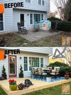 before and after pictures of a backyard makeover with decking, patio furniture and landscaping