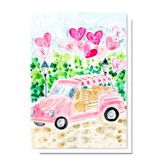 a watercolor painting of a pink car with hearts flying over the top and trees in the background