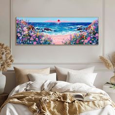 a painting on the wall above a bed in a room with white walls and pillows