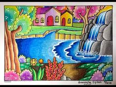 a drawing of a waterfall with houses in the background