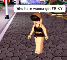 a woman in a bathing suit walking down a street next to a sign that says, who here wanna get frisky?