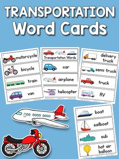 transportation word cards with pictures of cars, trucks and planes on them in blue background