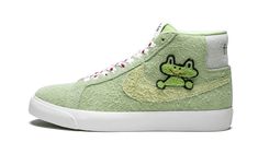 The Frog x Nike SB Blazer Mid is a special edition of the classic mid-top skate shoe in collaboration with Frog Skateboards. The thoroughly unique look for the Blazer Mid features a brushed suede upper in light green with a chenille frog patch peeking out over each lateral Swoosh, while “frog” is found on each heel. Ladybugs cover the laces, and a single ladybug appears on the rear of each midsole. The playful look is on par with Frog’s aesthetic for their skate deck graphics and apparel. The li Nike Sb Zoom Blazer Mid, Nike Sb Zoom Blazer, Mens Vans Shoes, Nike Sb Blazer, Nike Sb Zoom, Nike Blazers Mid, Blazer Mid, Aesthetic Shoes, Stadium Goods